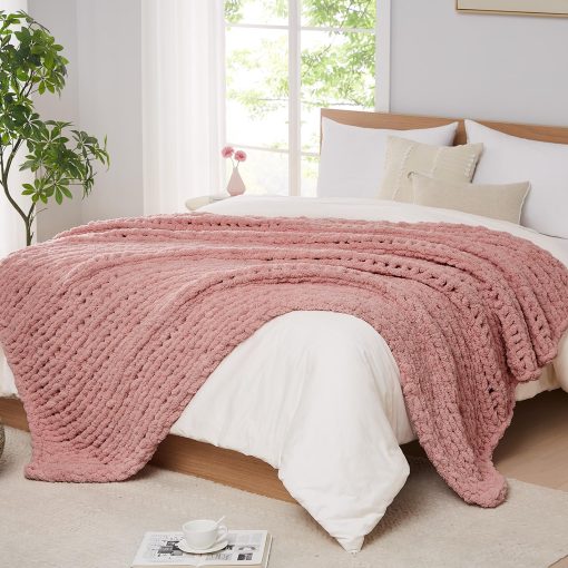 Manta de Punto Grueso L'AGRATY: 80''x90'' Manta de Punto Grueso de Chenilla para Cama Sofa - Manta de Punto Grueso Hecha a Mano - Manta de Ganchillo Gruesa para Decoracion del Hogar (Rosa)