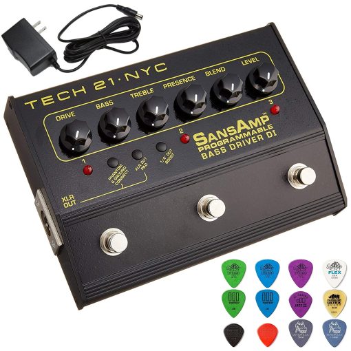 Tech 21 PBDR SansAmp Programable Bass Driver DI Bundle con Suministro de Energia y Paquete de Puas Dunlop