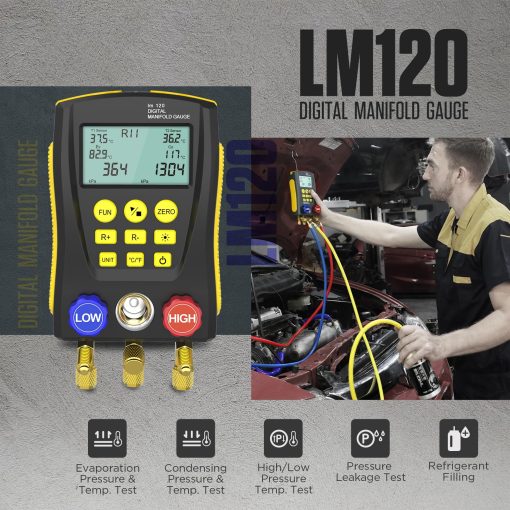Medidor de Presion de Manifold Digital de Refrigeracion HVAC Prueba de Fugas de Prueba de Presion de Vacio de Temperatura con 3 Mangueras Incorporadas 89 Base de Datos LM120 - Imagen 2
