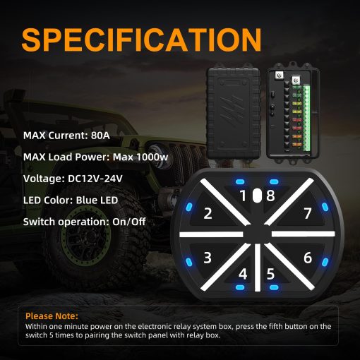 Panel de interruptores de 8 canales Joinfworld Universal Sistema de control de rele Caja de control remoto recargable inalambrico automotriz con LED azul de encendido y apagado para automovil camion barco UTV SUV RV, 2 años de garantia - Imagen 2