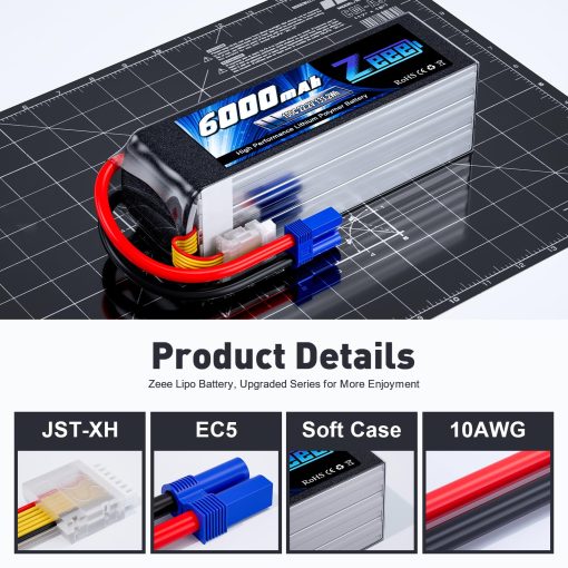 Bateria Lipo Zeee 6S 6000mAh 22.2V 100C con Conector EC5 Paquete Suave Bateria RC para Coche RC Camion Avion Helicoptero Quadcopter Barco (2 Paquetes) - Imagen 3