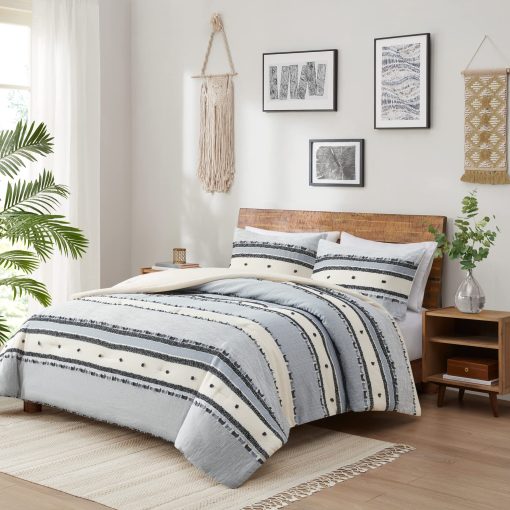 Juego de edredon Hyde Lane Boho Blue King - Conjunto de ropa de cama moderna de granja, tapizado con algodon y rayas jacquard en tonos neutros de estilo rustico recortado, 3 piezas que incluyen fundas de almohada a juego (104x90 pulgadas) - Imagen 3