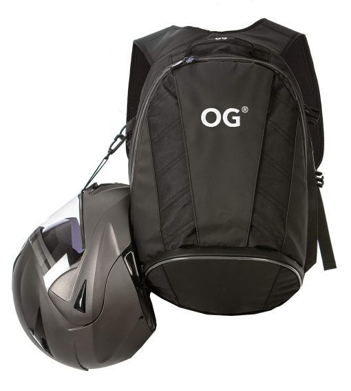 Mochila para motocicleta OG Original EZ-Rider PRO Negra Expandible 28-35L, Bolsa para casco de motocicleta, Correa para casco, Mochilas impermeables para motocicletas para hombres con bolsillo para laptop, Reflectante (Logo blanco)