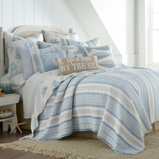 Juego de Edredon Levtex Home Ipanema - Edredon para Cama Matrimonial/Queen + Dos Fundas de Almohada Estandar - Costero - Azul, Taupe y Crema - Tamano del Edredon (88x92 pulg.) y Tamano de la Funda de Almohada (26x20 pulg.) - Reversible - Tela de Algodon