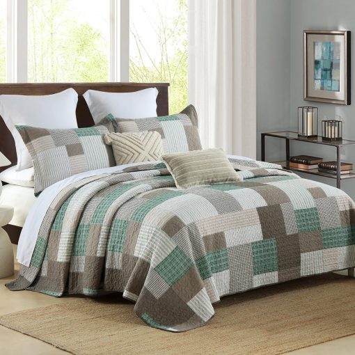 Juego de Edredon King Size SahSahCasa, Juego de Edredon King, Juego de Ropa de Cama de Edredon King 100% Algodon, Colcha Patchwork de Estilo Granja, Colcha Reversible Ligera Rustica, Verde/Marron Arenoso/Blanco - Imagen 2