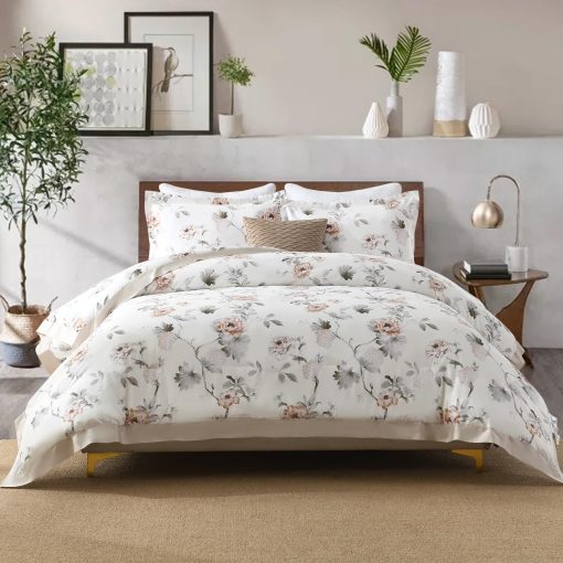 Juego de Edredon Queen DDUOXIN - Juego de Edredon de 3 Piezas de Algodon de Fibra Larga con Estampado Floral, Edredon Suave en Crema Verdoso Grisaceo para Cama Queen con 2 Fundas de Almohada