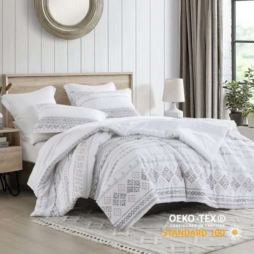 Juego de Edredon CozyDH Boho Tamaño King - 100% Algodon Egipcio de Fibra Larga Diseño Moderno con Geometrico, Moderno Transpirable Ligero Juego de Ropa de Cama para Todas las Estaciones con Fundas, 90"x104", Gris/Blanco, 3 Piezas - Imagen 7