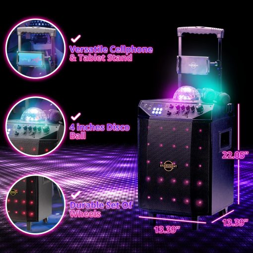 Maquina de Karaoke Portatil Starument para Adultos y Niños - Sistema Completo Incluye Altavoces Bluetooth, 2 Microfonos Bluetooth, Bola de Discoteca, Luz de Altavoz LED, Soporte para Telefono Celular y USB Aux - Imagen 4