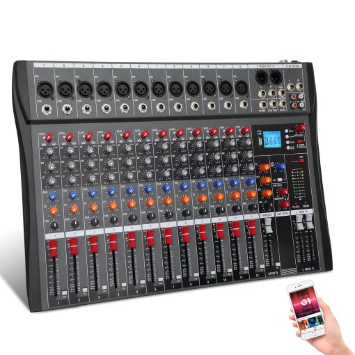 Mezcladora de Audio Inalambrica de 12 Canales, Equipo DJ Profesional, Consola con Bluetooth USB, Mezcladora DJ con Efectos, Mesa de Sonido con Alimentacion de 48V, Entrada/Salida RCA para Profesionales y Principiantes (12 Canales)