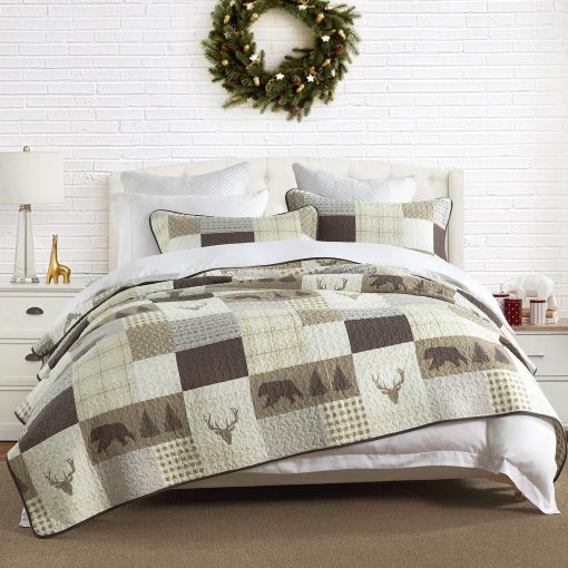 Edredon Queen Size DUOHONG, Juego de Edredones para Cama Queen, 100% Algodon, Edredon Rustico para Cama Queen, Edredon Reversible Ligero con Patrones de Vida Silvestre, Crema/Marron/Gris