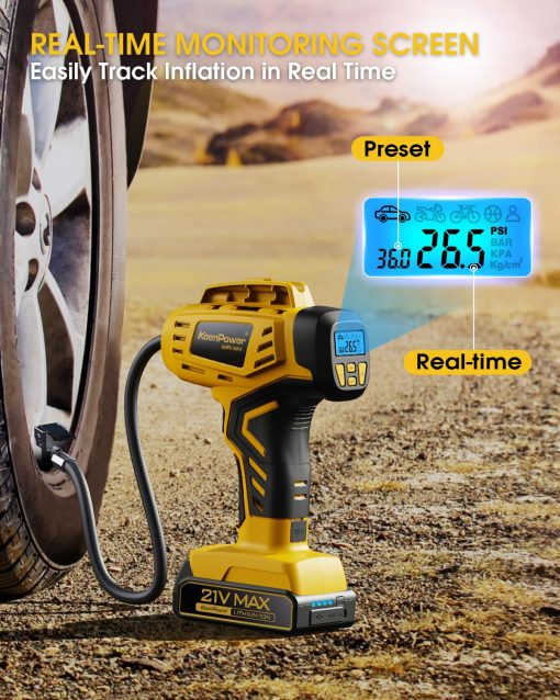 Inflador de Neumaticos Portatil KeenPower - 2X Mas Rapido - Bateria Recargable de 21V - Inflador de Neumaticos de Mano 160PSI, Modos de Suministro de Energia Dual, Bomba de Aire para Coche Motocicleta E-Bike - Imagen 4