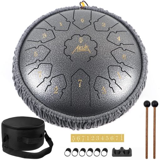 AKLOT Steel Tongue Drum - 12 Pulgadas 13 Notas - Instrumentos de Percusion - Tambor Hand Pan con Libro de Musica, Mazos de Tambor y Bolsa de Transporte