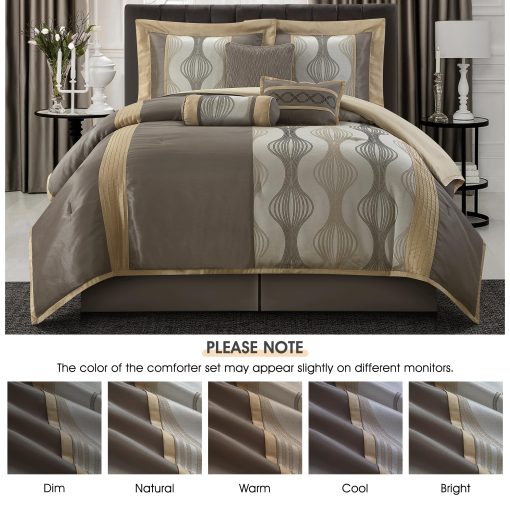 Juego de Edredon LANCO MODERN LIFESTYLE Queen, Gris Oro, 7 Piezas en un Paquete, Jacquard Ultra Suave con Trabajo de Piezas Solidas, Juego de Cama de Lujo con Edredones, Falda de Cama, Fundas de Almohada y Almohadas Decorativas - Imagen 3