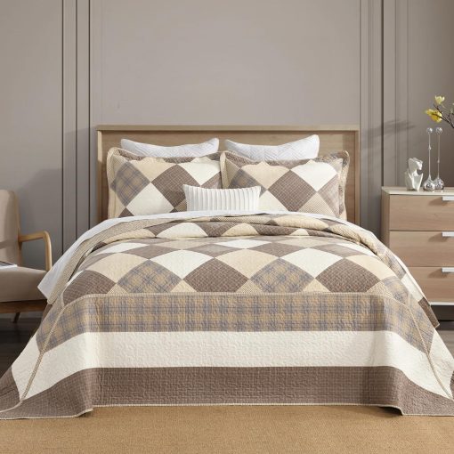 SahSahCasa Colcha Cubrecama Acolchada Reversible Extra Grande para Cama California King, 100% Algodon, Juego de 3 Piezas, Marron/Beige/Caqui - Imagen 2