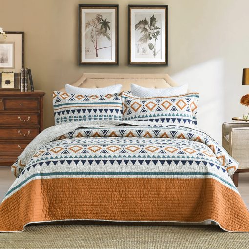 Colcha King Size SahSahCasa, Colcha Boho de Algodon 100%, Juego de Colchas King Bedspread, Colchas Bohemias Ligeras a Rayas Geometricas para Cama King, para Todas las Estaciones, Naranja, 3 Piezas