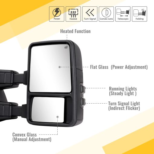 Espejos de remolque para Ford F250 F350 F450 F550 Super Duty 1999-2016 con Cristal Electrico Luz de Senal de Giro Luces de Marcha Extendibles Par (lente ahumado) - Imagen 2