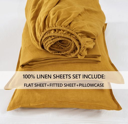 Juego de sabanas de lino 100% organico S VICTORY SYMBOL California King, Juego de ropa de cama de lino natural frances certificado GOTS lavado a la piedra, 4 piezas, sabanas transpirables de lujo (Amarillo, CK) - Imagen 6