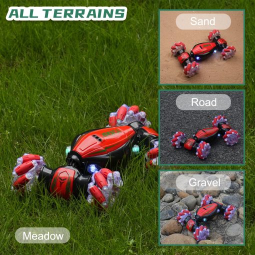 Coche de acrobacias RC con deteccion de gestos IQKidz - Rojo Navideno, Mejores Regalos de Cumpleanos para Ninos de 6-12, Juguetes de Coches de Doble Lado de Control Remoto Manual con Luz y Musica, 4x4 de Deriva Todoterreno para Rotacion - Imagen 4