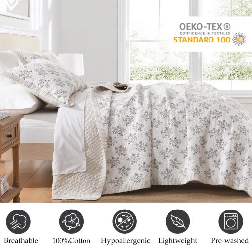 Edredon tamano King CozyStitch, 100% algodon, juego de conforter moderno granjero tamano King, Colcha blanca/almedra, Colcha reversible ligera floral Juego de ropa de cama para todas las estaciones, 3 piezas - Imagen 3