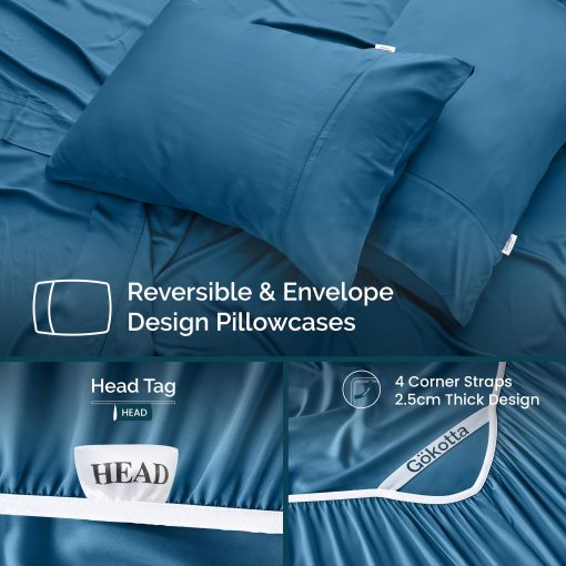 Juego de sabanas de lujo para cama tamano Queen GOKOTTA de 4 piezas, 100 % rayon derivado del bambu, mas suave y fresco que el algodon, sabana ajustable de bolsillo extra profundo de 24" con correas elasticas en las esquinas, Azul - Imagen 3