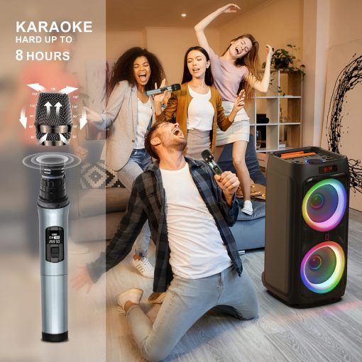 Maquina de Karaoke JYX con 2 microfonos inalambricos para adultos, altavoz de fiesta Bluetooth de 8" con 500W de potencia maxima, sistema PA con luz de DJ, ruedas giratorias y carrito, perfecto para exteriores - Imagen 3