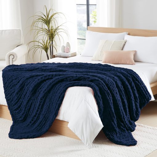 Manta de Punto Grueso L'AGRATY - Manta de Punto Grueso Suave 150x200 cm: 100% Hecha a Mano con Hilo de Chenille, Manta de Ganchillo para Sofa - Manta de Punto Grueso para Decoracion del Hogar (Azul Oscuro)