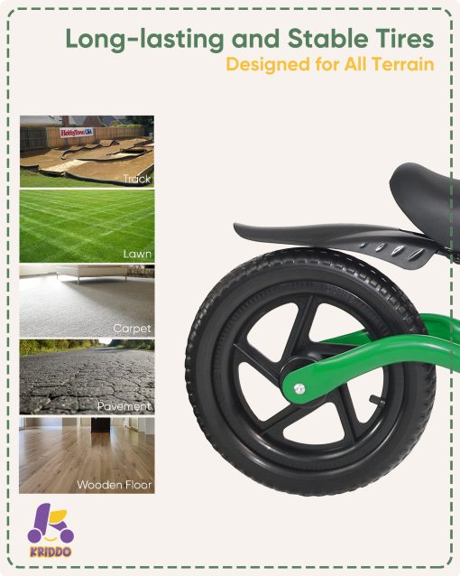 Bicicleta de Equilibrio para Ninos KRIDDO de 2 a 5 Anos, con Luz Delantera, Llantas Mejoradas para Todo Tipo de Terreno, Rodamientos Mejorados para un Paseo Suave y Estable, Guardabarros Delanteros y Traseros, Asiento Ajustable, Verde - Imagen 5