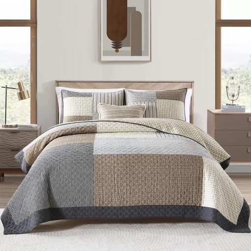 Juego de Ropa de Cama PERHOM - Edredon Ligero Queen 100% Algodon, 3 Piezas Colcha/Cubrecama a Cuadros de Estilo Granja, Marron Beige Gris, Todas las Estaciones, Queen (98"x90")
