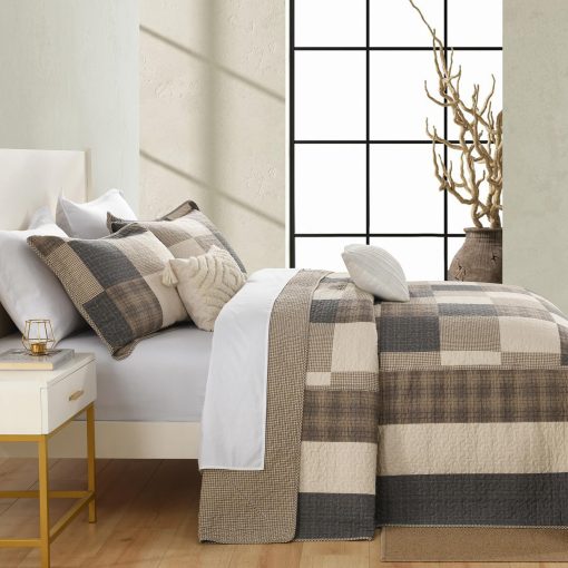 SahSahCasa 120"x102" Juego de Colcha de Cama Queen 100% Algodon Oversized, Colcha Queen Extra Grande, Colcha Ligera para Cama, 3 piezas, Carbon/Beige/Marron - Imagen 3