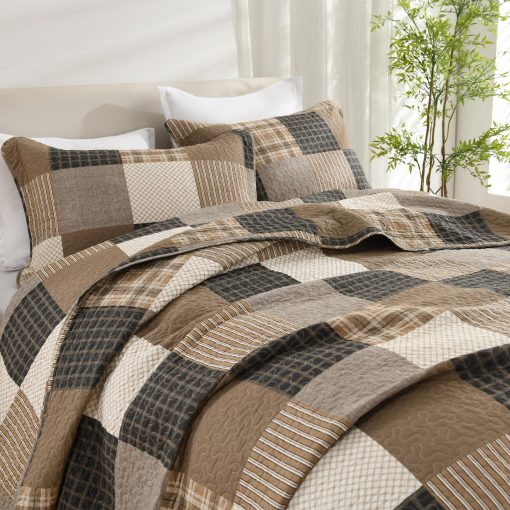 Juego de Edredon Patchwork 100% Algodon Queen - Colcha de Cuadros en Estilo Granja para Cama Queen, Set de Edredon Suave y Ligero para Todas las Estaciones, Juego de Ropa de Cama Rustica 3pcs, Cafe/Negro - Imagen 7