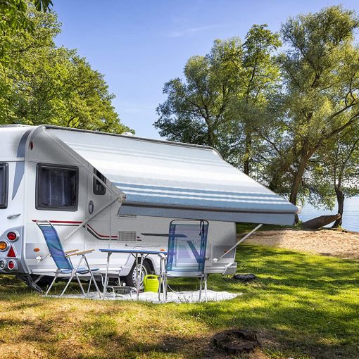 Tela de repuesto para toldo de RV Suncode, resistente al agua, universal, para caravana, remolque y autocaravana, toldo de repuesto, vinilo de alta calidad, azul a rayas