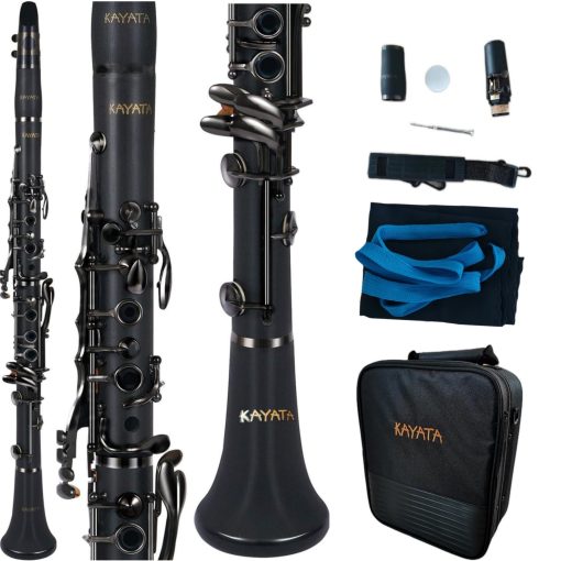 Clarinet Bb KAYATA con cuerpo de ebonita negra, nuevas llaves niqueladas negras, reposacabezas ajustable con anillos negros mas delgados. Estuche de lujo para clarinete de lona