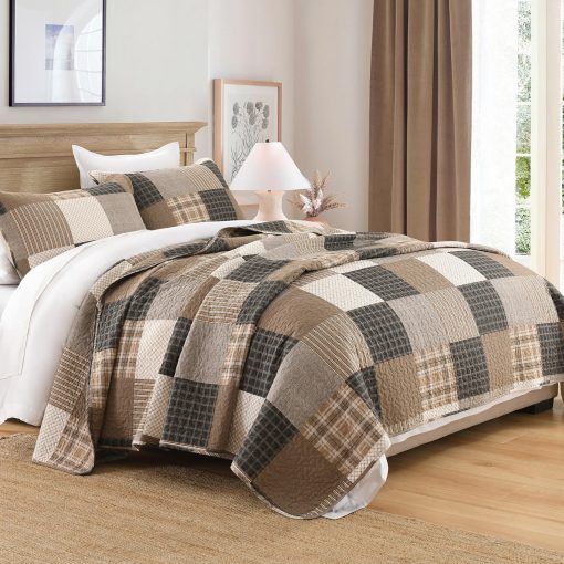 Juego de Edredon Patchwork 100% Algodon Queen - Colcha de Cuadros en Estilo Granja para Cama Queen, Set de Edredon Suave y Ligero para Todas las Estaciones, Juego de Ropa de Cama Rustica 3pcs, Cafe/Negro - Imagen 3