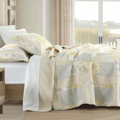Colcha Edredon Extra Grande FineStichery 128"x120" - 100% Algodon Cal King, Ligera Reversible, Colcha Floral, Juegos de Cubrecamas XL, Amarillo