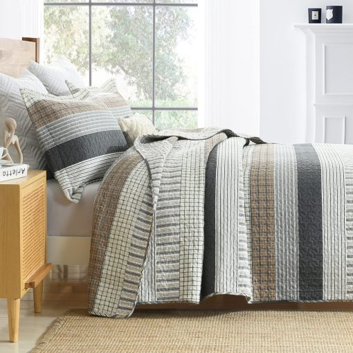 Juego de Edredon PANGUSHAN 100% Algodon Tamaño Queen, Colcha Patchwork Juego de Edredon Queen Ropa de Cama Cubrecamas, Edredon Reversible Ligero de Estilo Granja, Blanco/Marron/Gris Colcha para Todas las Estaciones, 3 Piezas - Imagen 3