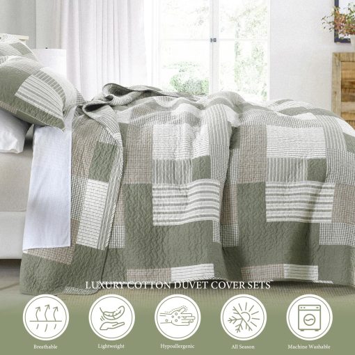 Juego de Colcha a Cuadros Uniclinens para Cama Queen, Colcha Verde Patchwork, Juego de Ropa de Cama 100% Algodon, Edredon Ligero de Estilo Rustico, Juego de 3 Piezas con 2 Fundas de Almohada, Verde/Marron/Beige - Imagen 4