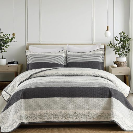 Edredon a rayas tamano Queen de SOElinens - Juego de edredon de algodon 100% con fundas a juego, Diseno de Vid de epoca Rustico para Ropa de Cama de Granja, 3 Piezas Colcha Ligera para Decoracion del Hogar en Todas las Estaciones, Gris Oscuro