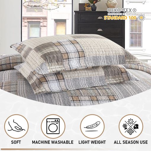 Colcha de algodon KALOOLA 100% algodon tamano queen, juego de cama de colcha a cuadros marron tamano queen 3 piezas, colchas ligeras de estilo granja para todas las estaciones, 1 colcha 2 fundas de almohada - Imagen 6