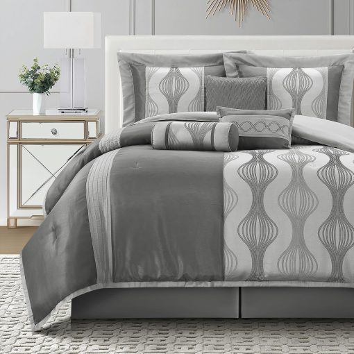 Juego de Edredon LANCO MODERN LIFESTYLE King, Gris, 7 Piezas en una Bolsa, Ultra Suave Jacquard con Piezas Solidas, Juego de Cama de Lujo con Edredones, Falda de Cama, Fundas de Almohada y Cojines Decorativos