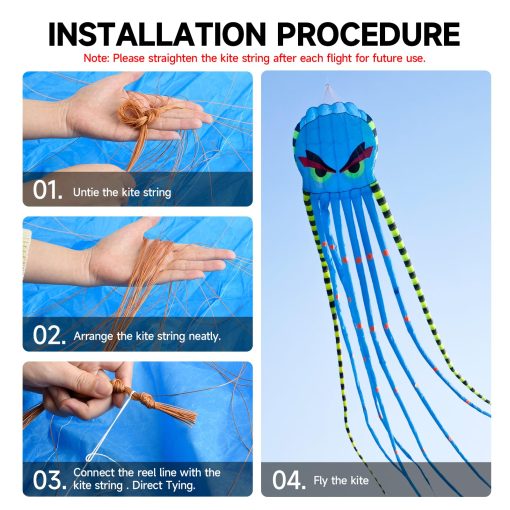 Cometa de Pulpo de 26 pies para Adultos y Ninos Gran Cometa de Playa con Carrete, Juguetes de Cometa Gigante para Ninos y Ninas Juegos Familiares y Actividades, para Diversion al Aire Libre (Azul) - Imagen 4