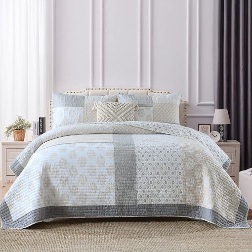 Juego de edredon PANGUSHAN tamano King, Juego de edredon de colcha de 100% algodon, Juego de edredon de retazos florales para cama King, Colcha Moonbeam, Edredon reversible ligero, para todas las estaciones, 3 Piezas