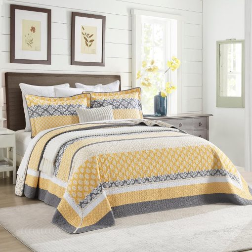 Colcha extragrande reversible de 100% algodon de 128"?120" para cama California King, juego de ropa de cama cubrecamas acolchados ligeros de estilo floral de granja, amarillo/gris - Imagen 2