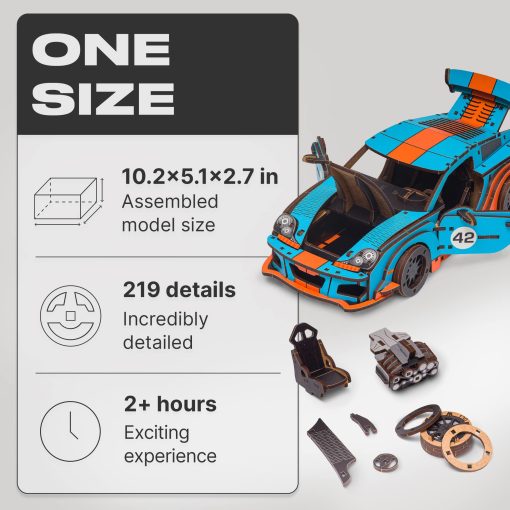 Rompecabezas de madera original UNIDRAGON para adultos Unimodels Comet GTS Azul-Naranja 219 piezas, modelo de coche de madera ensamblado, caja de regalo de madera, piezas con formas - Imagen 2