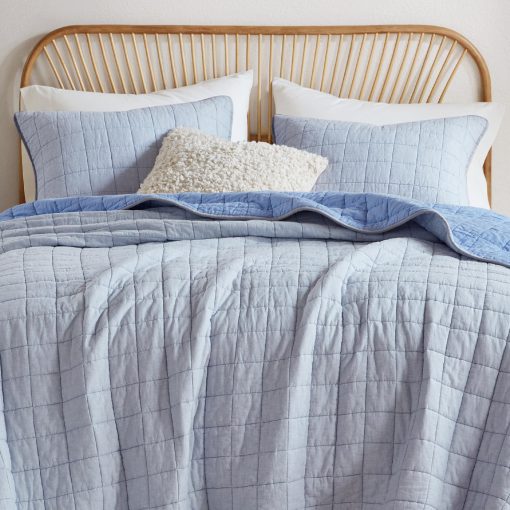 Juego de Edredon de Lino de Lujo Hyde Lane Tamano King, Mezcla de Algodon de Lino Europeo Organico para Colcha y Cubrecama, con 2 Fundas de Almohada, 106"x96", Azul Aciano - Imagen 2