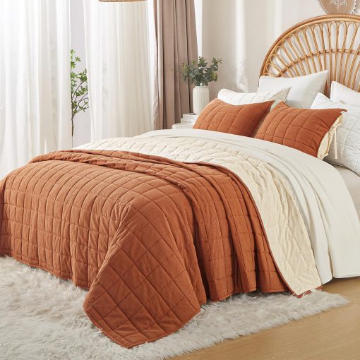 Edredones Queen Size Quemados Naranja de softpage - Juego de Edredon Queen Size de 3 Piezas con Cubrecamas a Rayas en Crema y 2 Fundas para Almohadas - Ropa de Cama - Imagen 2