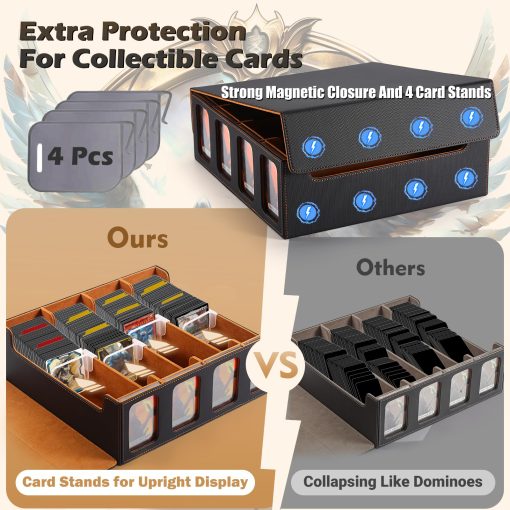 Komick Ultra-Capacity 4-Row Trading Card Storage Box with Commander Display, Holds 3000+ Cards with Dividers & Card Holders, PU Leather MTG Commander Deck Box, YuGiOh, TCG, Sport Cards (Negro / Dorado) - Imagen 5