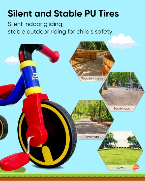 Triciclo RIDYEE para ninos de 1 a 3 anos, triciclo para ninos de 1 a 3 anos con llantas de goma, conduccion estable en cualquier superficie, triciclo para ninos con asiento ajustable, diseno de bordes no afilados, gran cesta, azul - Imagen 5