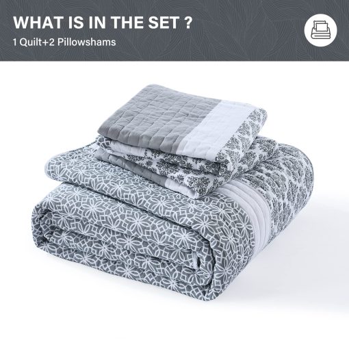 Juego de Edredon King Size SahSahCasa, Set de Edredon King, Edredon de Cama King Size de Algodon 100%, Colcha Reversible Ligera de Retazos Florales para Cama King, Gris Azulado, para Todas las Estaciones, 3 Piezas - Imagen 6