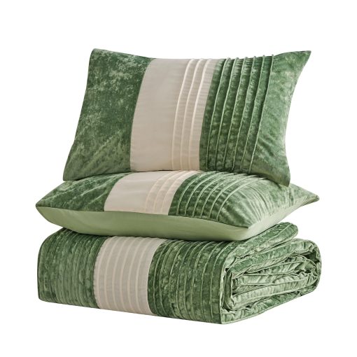 Maravilloso Set de Edredon de Terciopelo King Size de Seda Artificial - Juego de Cama de 3 Piezas Plisado a Rayas de Lujo, Ligero y Acogedor, Sensacion de Algodon, Juego de Ropa de Cama de Navidad Suave y Esponjoso (Verde Menta, King) - Imagen 8
