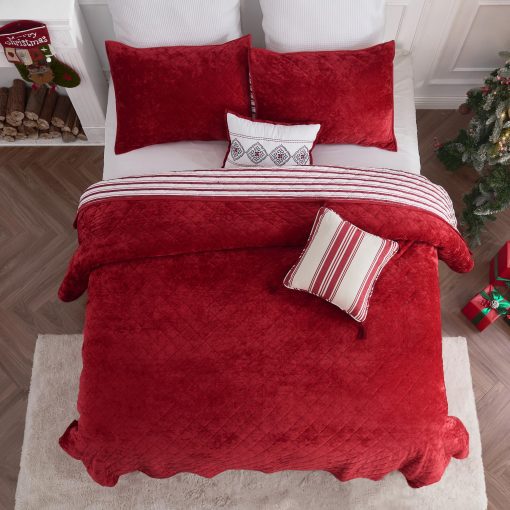 Maravilloso Juego de Edredon Navideño, Set de Edredon de Terciopelo Rojo de Lujo Tamaño Queen, Juego de Edredon de Algodon a Rayas de 5 Piezas Ligero, Cubrecamas Reversible Suave de Estilo Granja con Fundas a Juego para Todas las Estaciones - Imagen 4